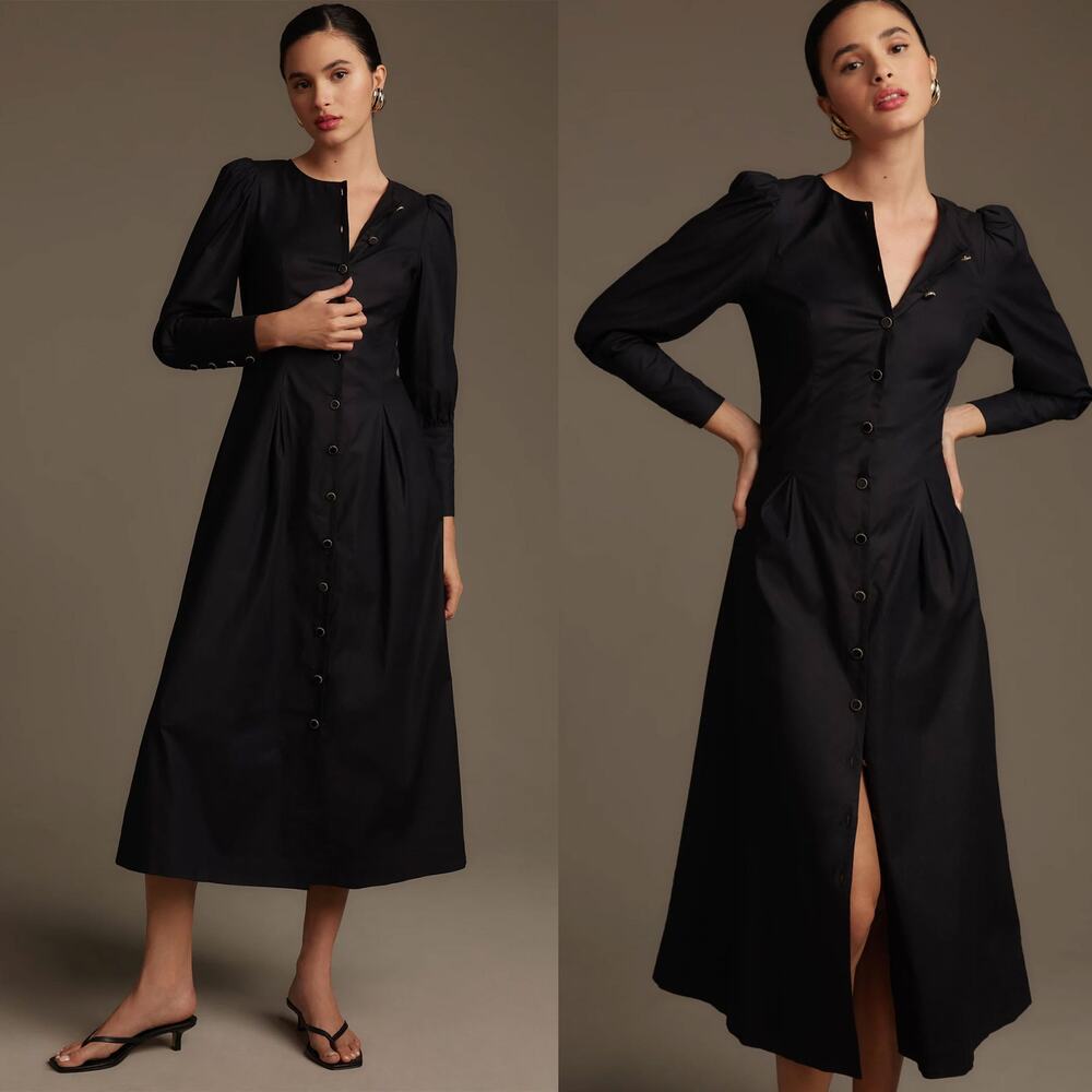 Reformation Halia Long Sleeve Button Front Midi Dress Black Size 6 Cotton